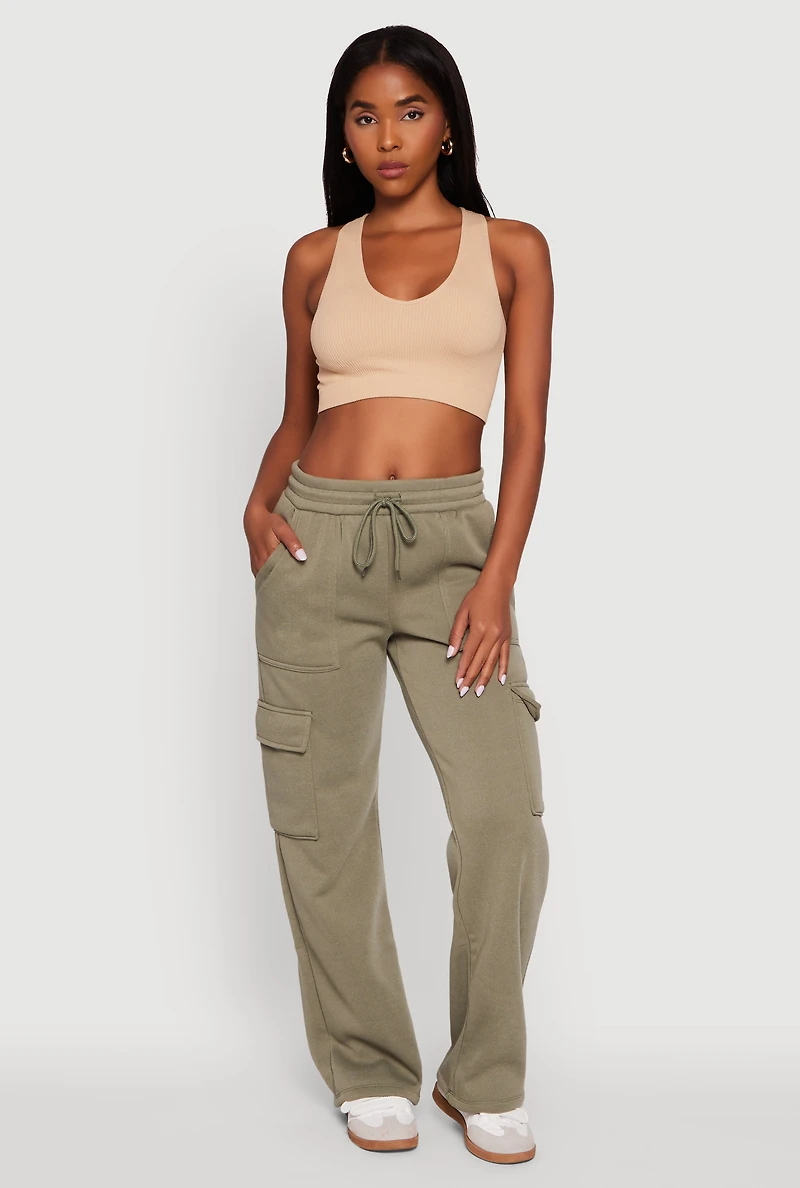 Womens Straight Leg Fleece Sweatpants with Cargo Pockets, Green, Size L