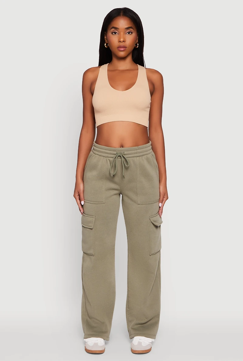 Womens Straight Leg Fleece Sweatpants with Cargo Pockets, Green, Size L