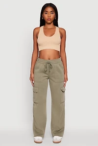 Womens Straight Leg Fleece Sweatpants with Cargo Pockets, Green, Size L