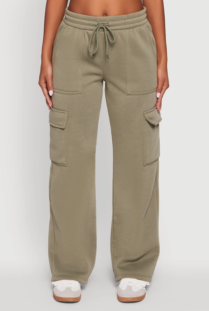 Womens Straight Leg Fleece Sweatpants with Cargo Pockets, Green, Size L