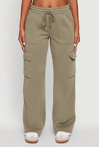 Womens Straight Leg Fleece Sweatpants with Cargo Pockets, Green, Size L