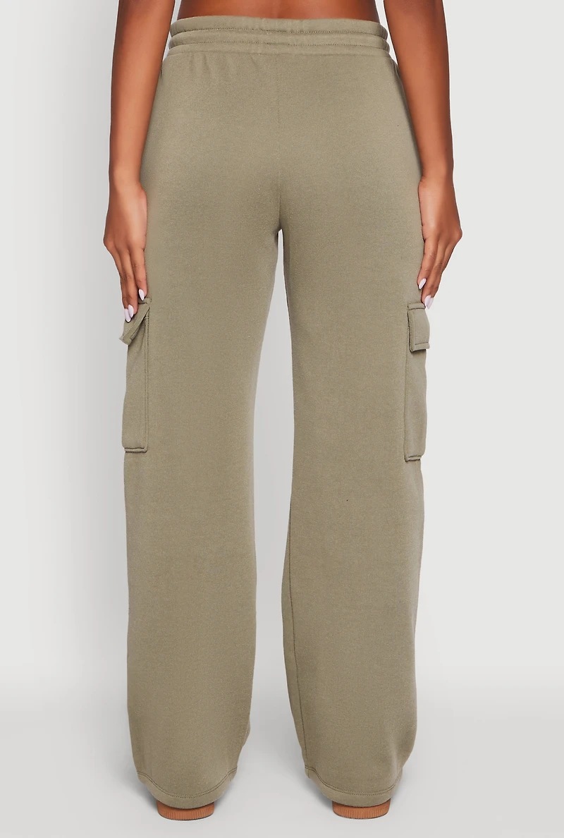 Womens Wide Leg Fleece Sweatpants with Cargo Pockets, L