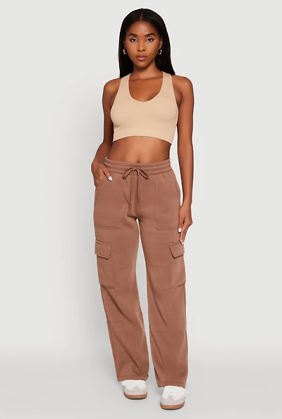 Womens Wide Leg Fleece Sweatpants with Cargo Pockets,