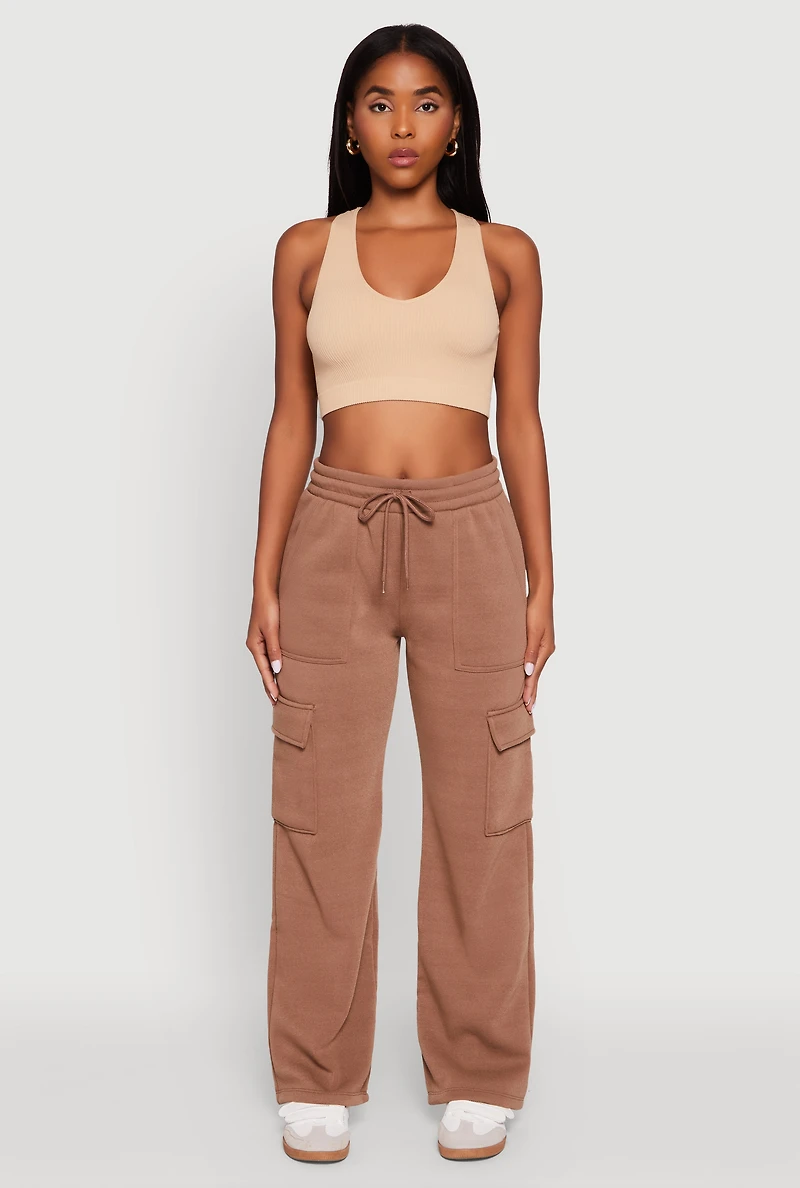 Womens Wide Leg Fleece Sweatpants with Cargo Pockets,
