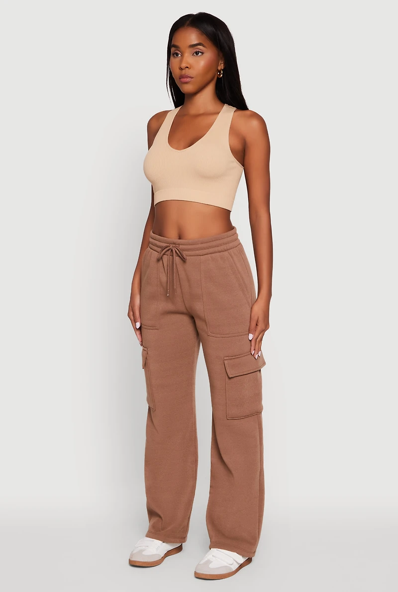 Womens Wide Leg Fleece Sweatpants with Cargo Pockets,