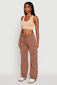 Womens Wide Leg Fleece Sweatpants with Cargo Pockets,