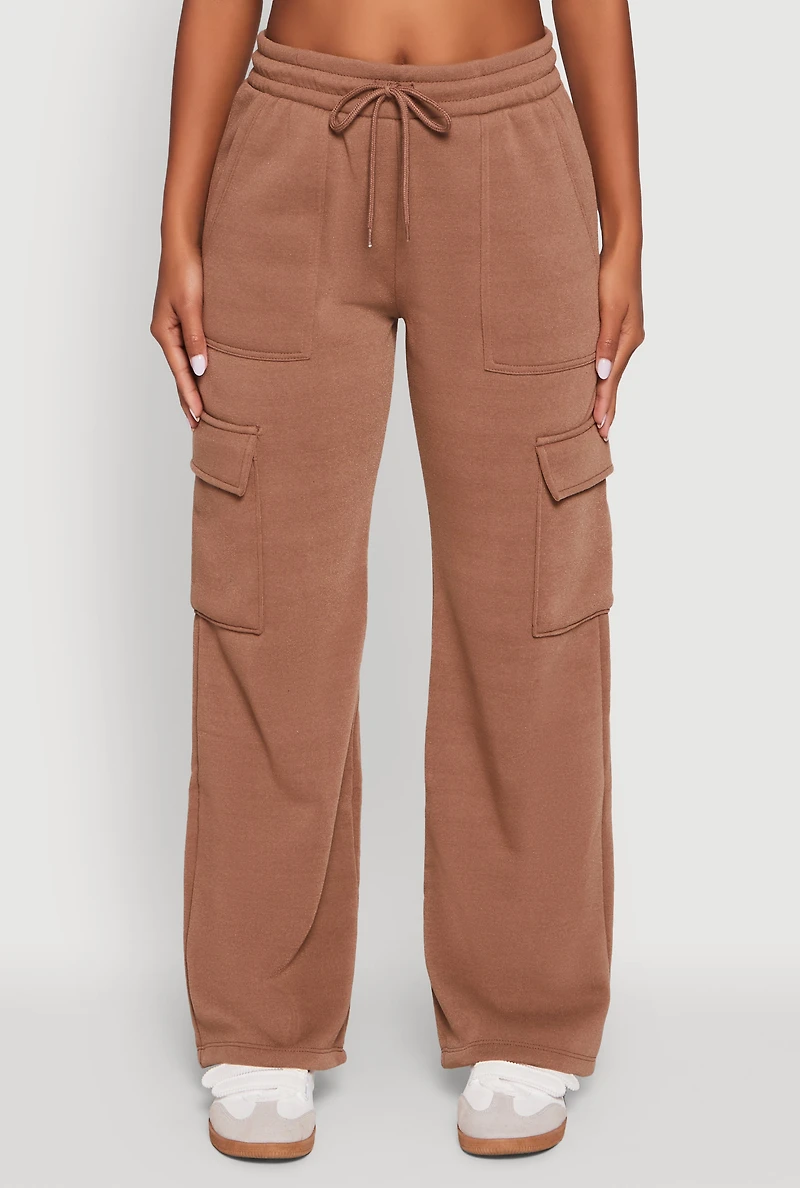 Womens Wide Leg Fleece Sweatpants with Cargo Pockets,