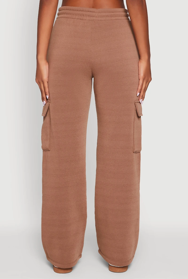 Womens Wide Leg Fleece Sweatpants with Cargo Pockets,