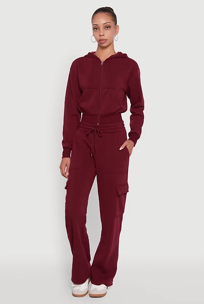 Womens Wide Leg Fleece Sweatpants with Cargo Pockets,