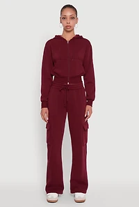 Womens Straight Leg Fleece Sweatpants with Cargo Pockets, Burgundy, Size L