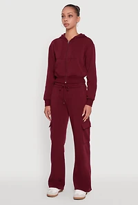 Womens Straight Leg Fleece Sweatpants with Cargo Pockets, Burgundy, Size L