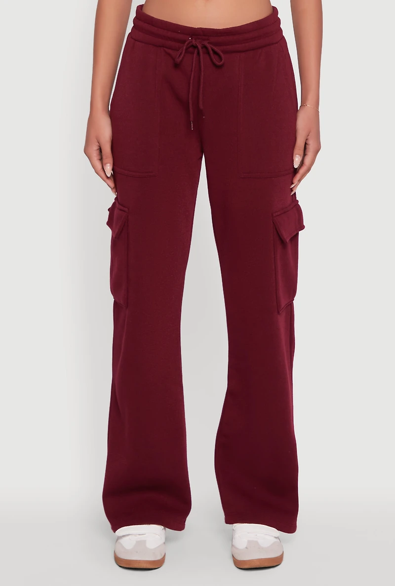 Womens Straight Leg Fleece Sweatpants with Cargo Pockets, Burgundy, Size L