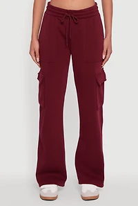 Womens Straight Leg Fleece Sweatpants with Cargo Pockets, Burgundy, Size L