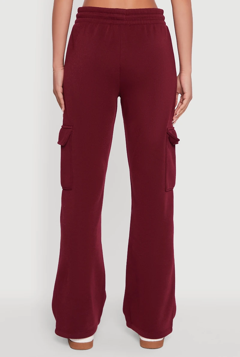 Womens Straight Leg Fleece Sweatpants with Cargo Pockets, Burgundy, Size L