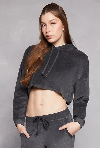 Womens Velour Pullover Cropped Hoodie, Grey, Size S