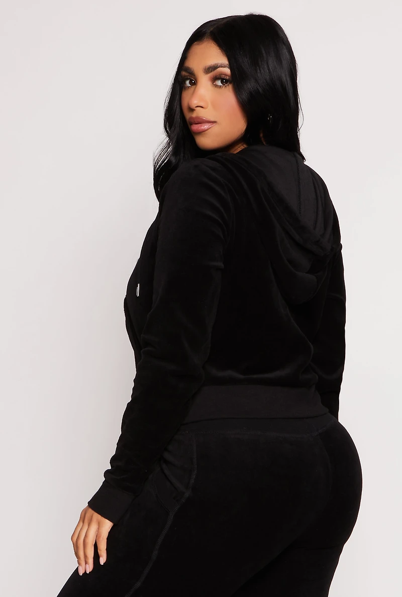 Velour Basic Zip Front Hoodie