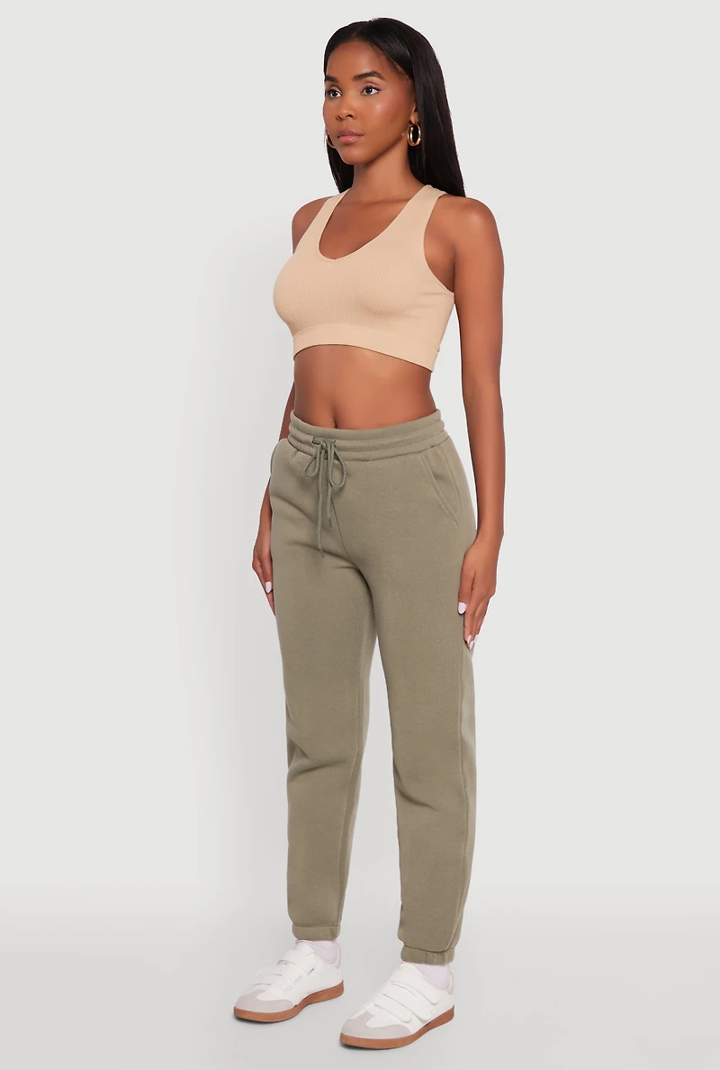 Womens Fleece Sweatpants with Pockets, Green, Size L