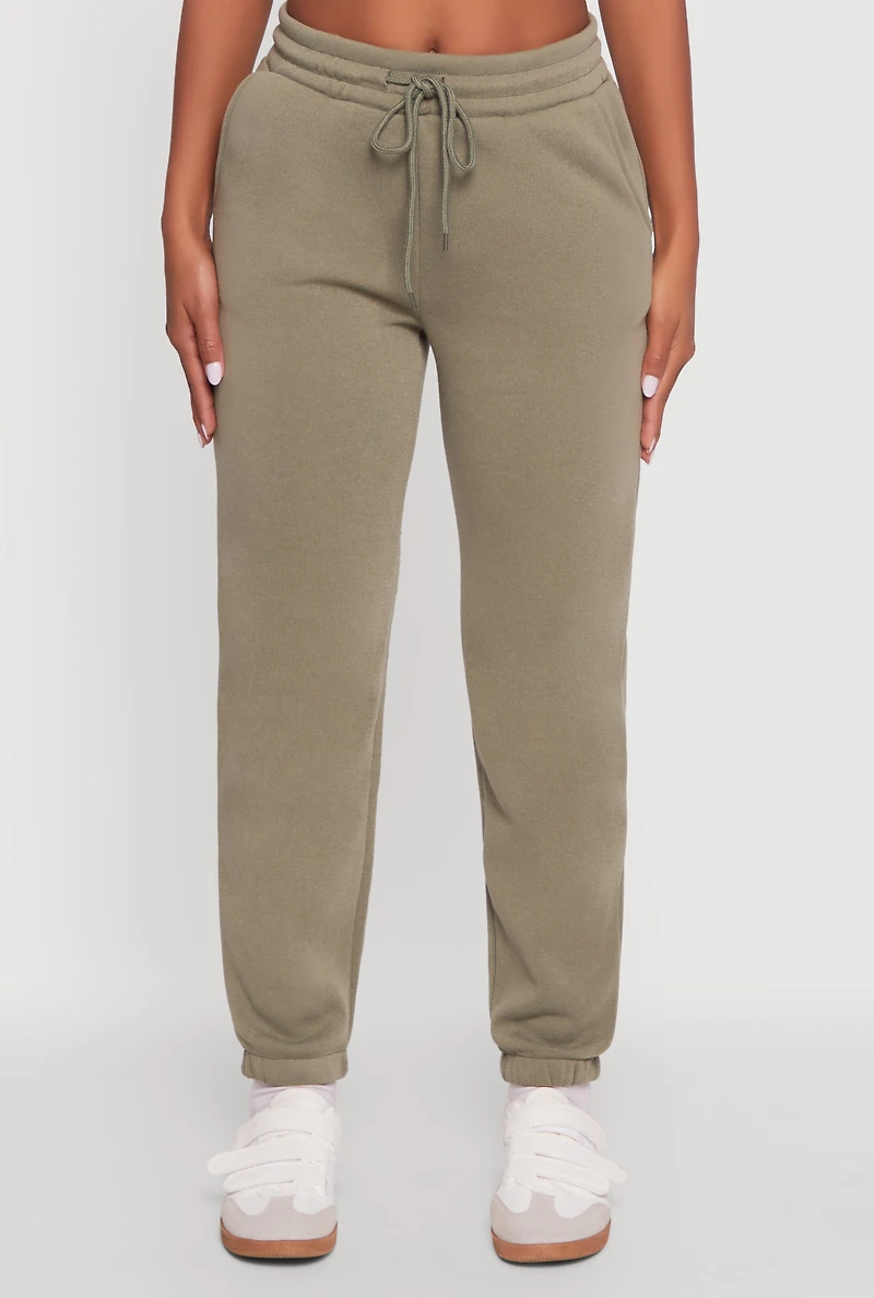 Womens Fleece Sweatpants with Pockets, Green, Size L