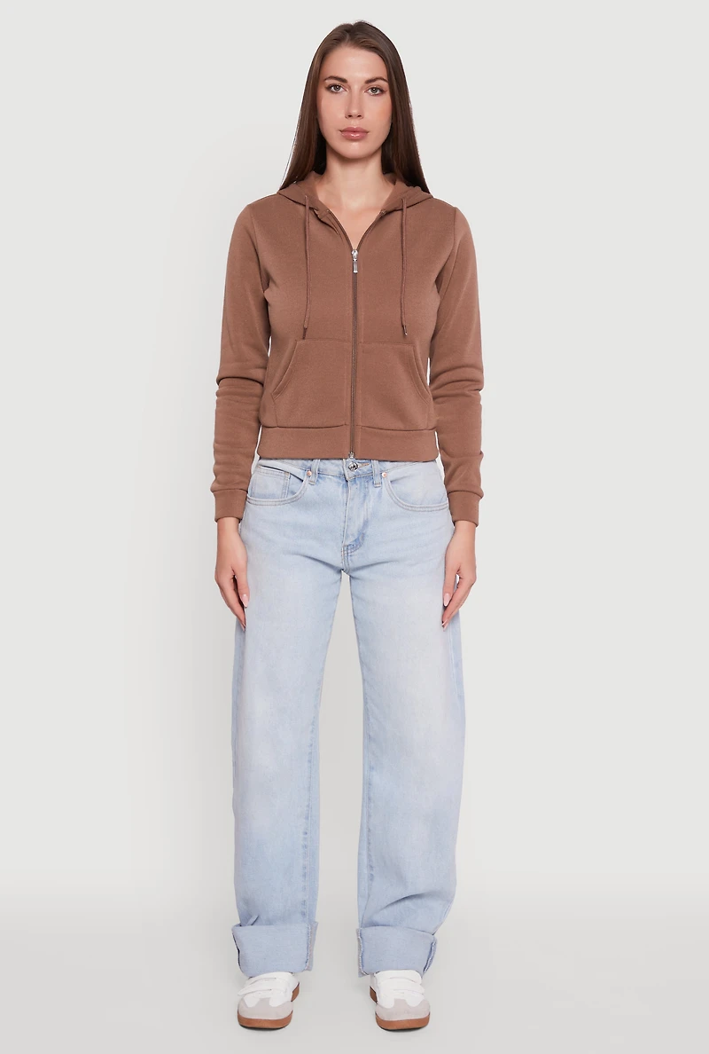 Womens Zip Front Fleece Hooded Sweatshirt, Brown, Size L