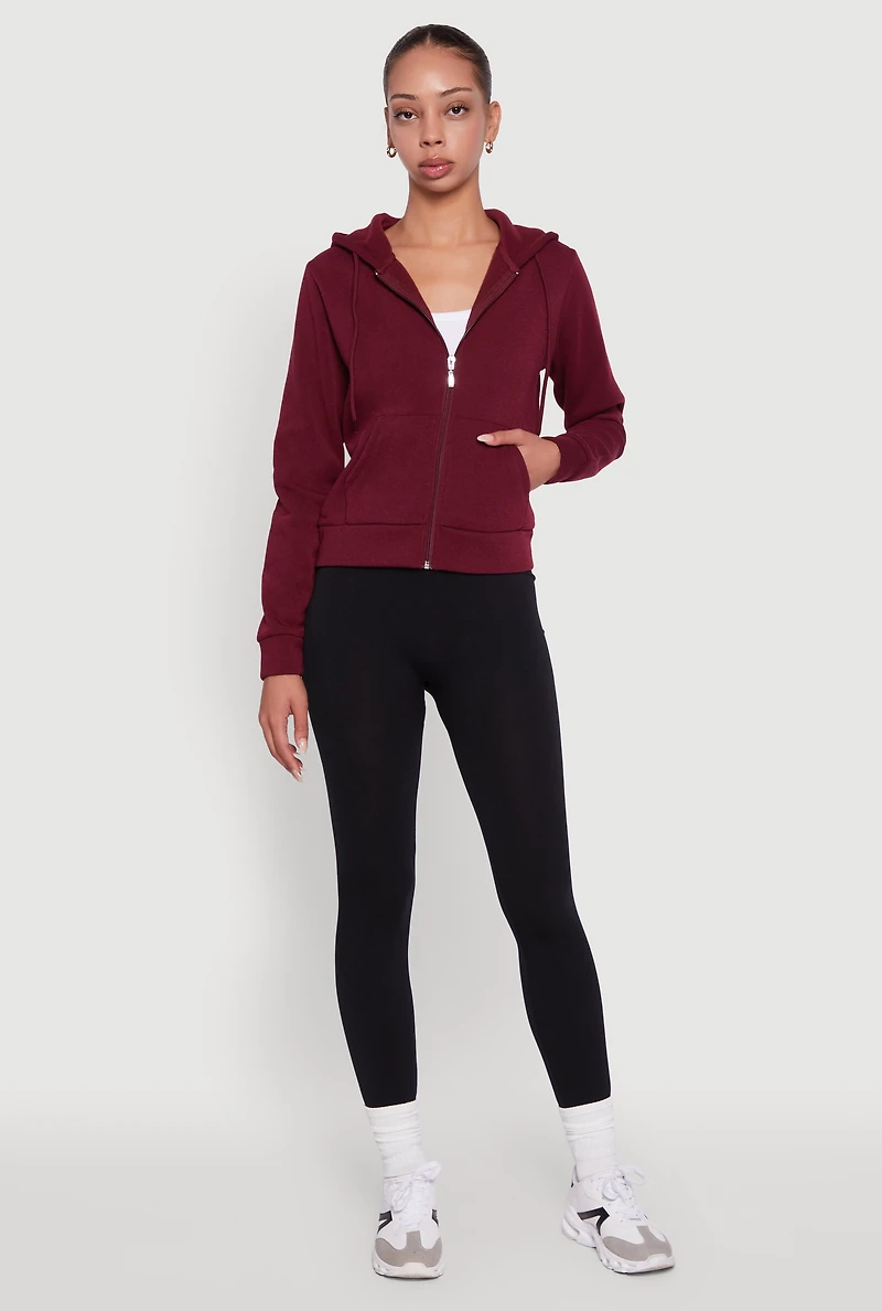 Womens Zip Front Fleece Hooded Sweatshirt, Burgundy, Size M