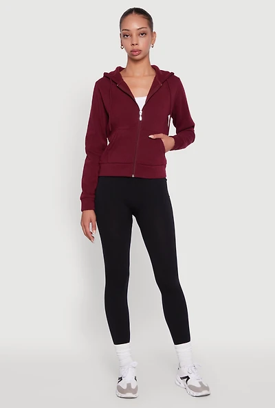 Womens Zip Front Fleece Hooded Sweatshirt, Burgundy, Size M