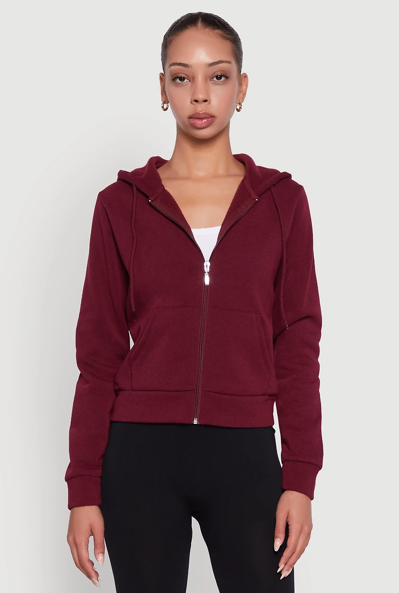 Womens Zip Front Fleece Hooded Sweatshirt, Burgundy, Size M
