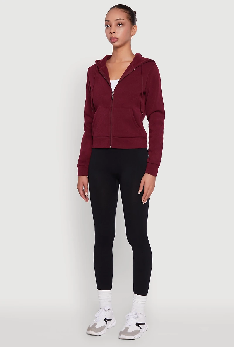 Womens Zip Front Fleece Hooded Sweatshirt, Burgundy, Size M