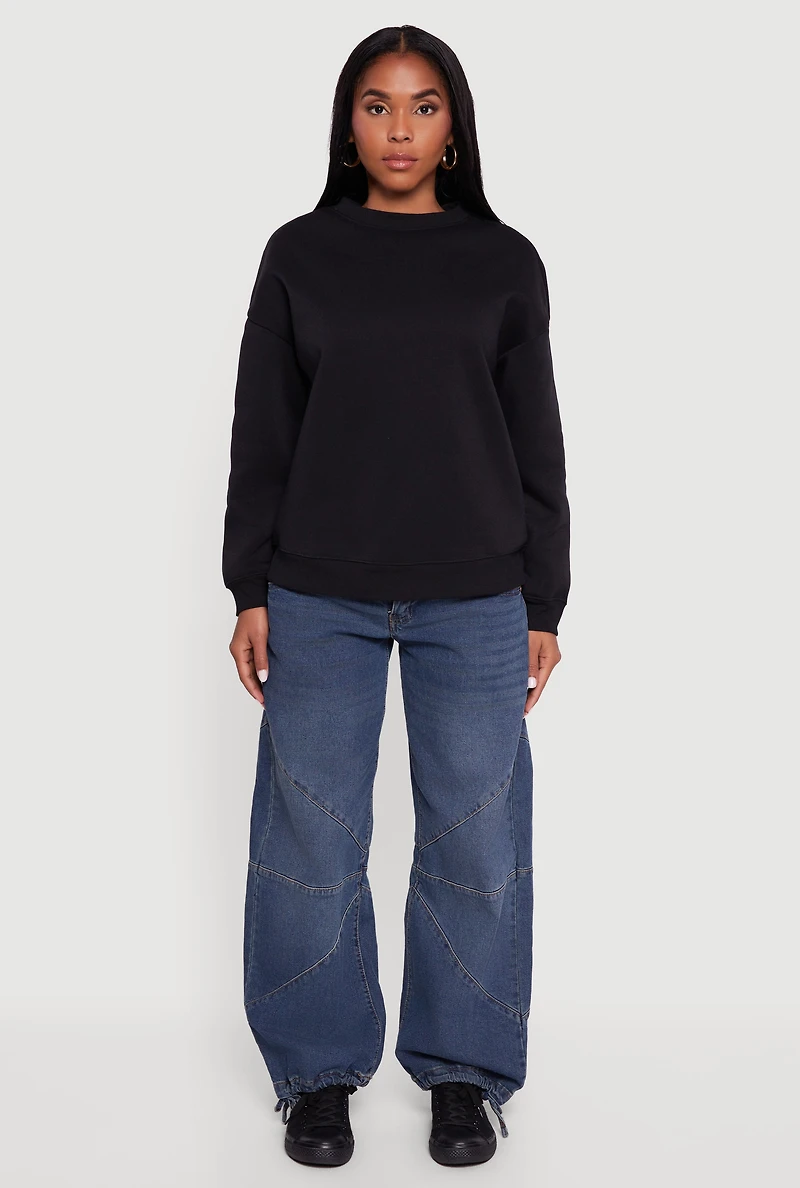 Womens Fleece Lined Drop Shoulder Crew Neck Sweatshirt, Black, Size S