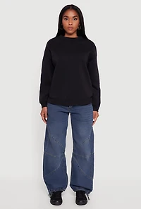 Womens Fleece Lined Drop Shoulder Crew Neck Sweatshirt, Black, Size S