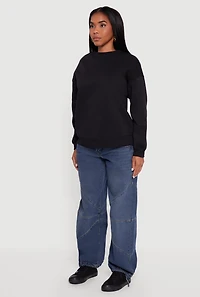 Womens Fleece Lined Drop Shoulder Crew Neck Sweatshirt, Black, Size S