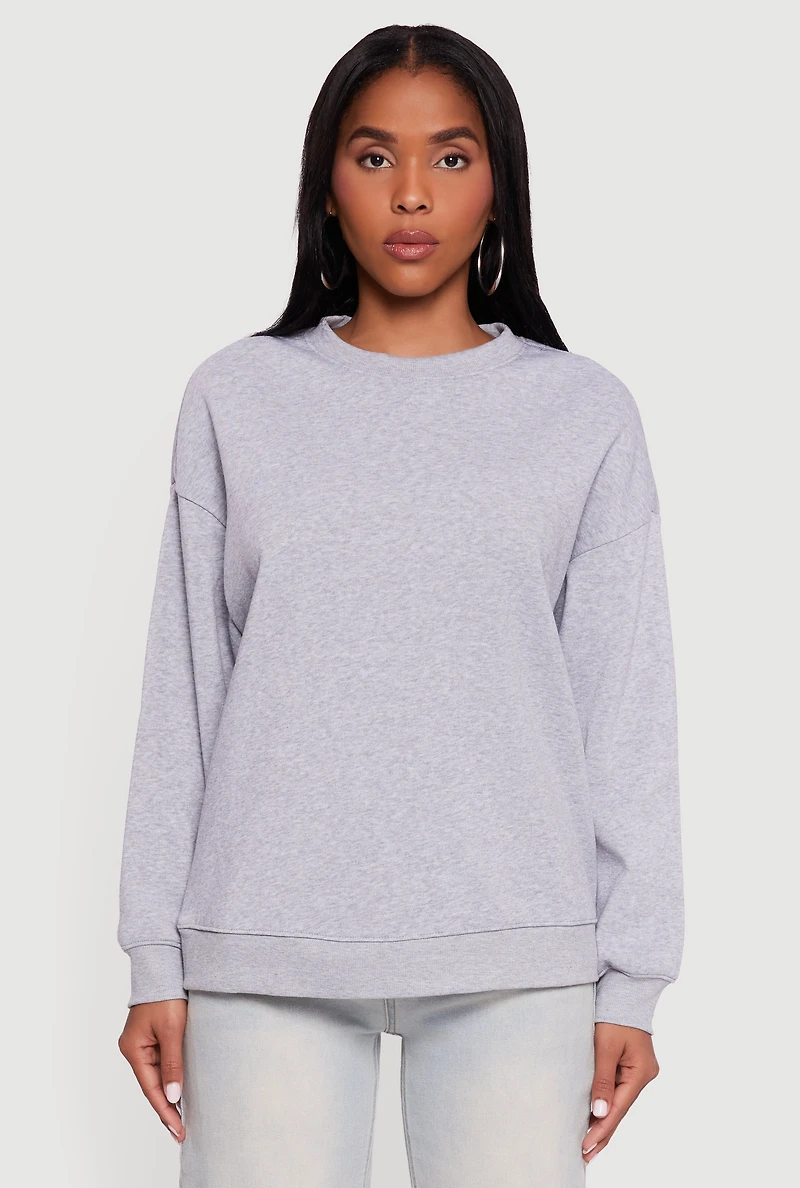 Womens Fleece Lined Drop Shoulder Crew Neck Sweatshirt, Grey, Size S