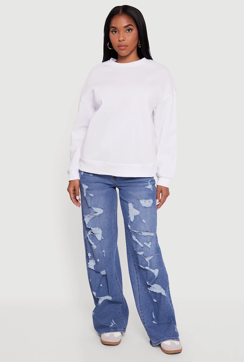 Womens Fleece Lined Drop Shoulder Crew Neck Sweatshirt, White, Size L