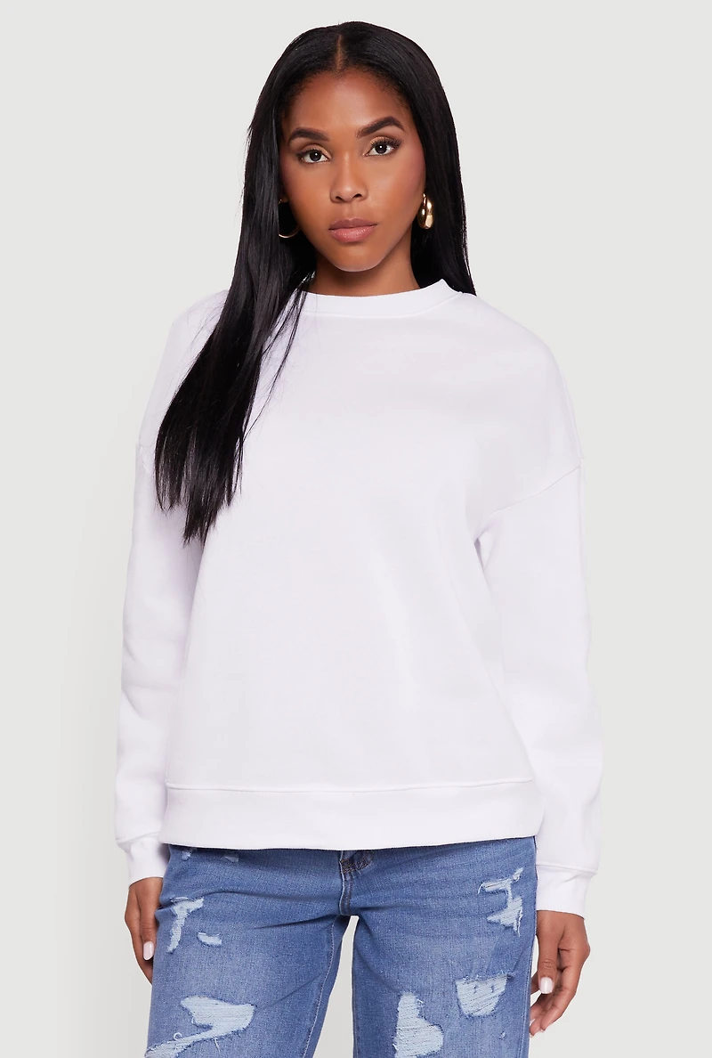 Womens Fleece Lined Drop Shoulder Crew Neck Sweatshirt, White, Size L