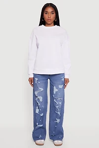 Womens Fleece Lined Drop Shoulder Crew Neck Sweatshirt, White, Size L