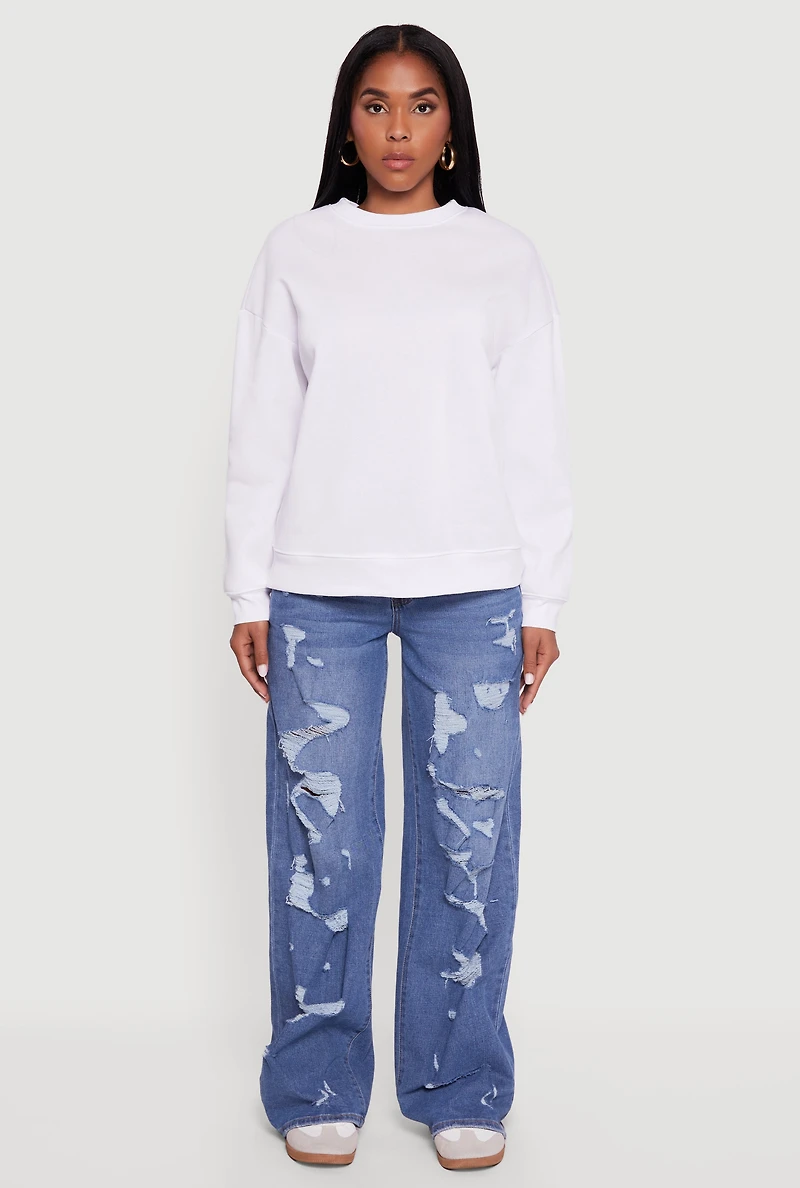 Womens Fleece Lined Drop Shoulder Crew Neck Sweatshirt, White, Size M