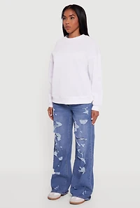 Womens Fleece Lined Drop Shoulder Crew Neck Sweatshirt, White, Size L