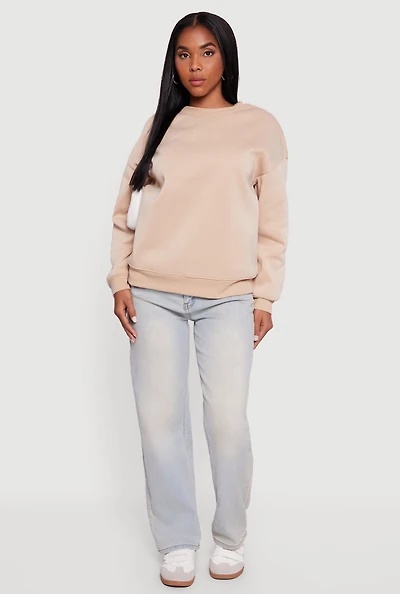Womens Fleece Lined Drop Shoulder Crew Neck Sweatshirt, Beige,