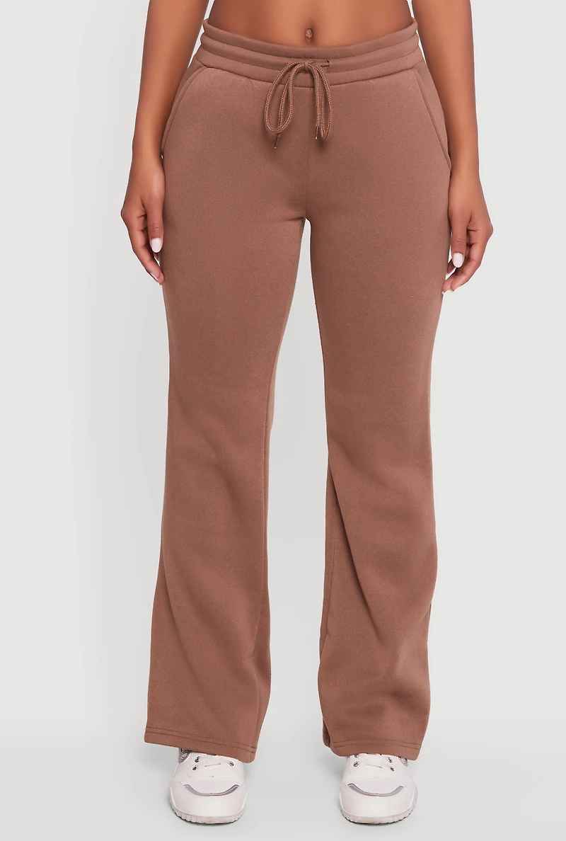 Womens Drawstring Waist Fleece Lined Boot Cut Sweatpants, Brown,