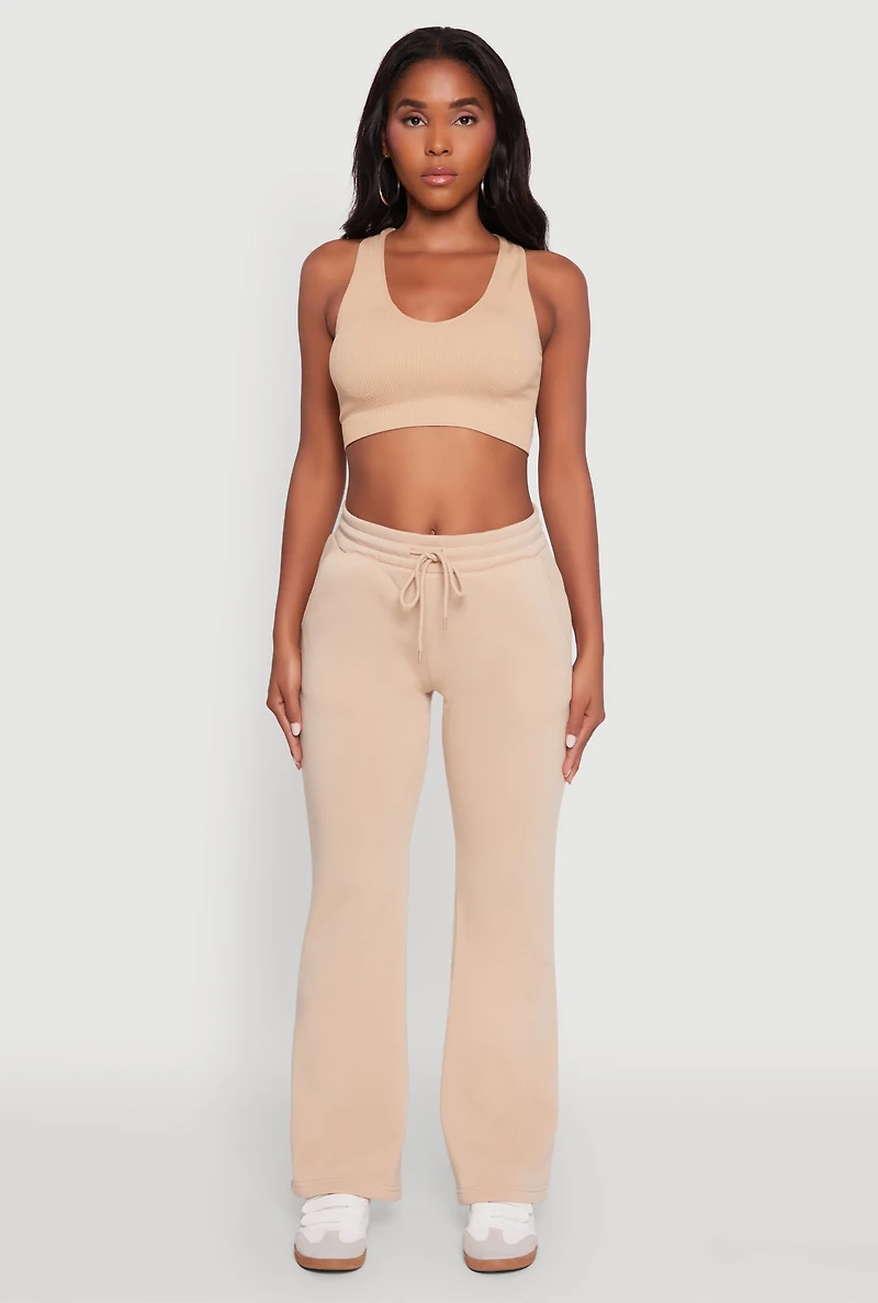 Womens Drawstring Waist Bootcut Sweatpants, Khaki, Size L