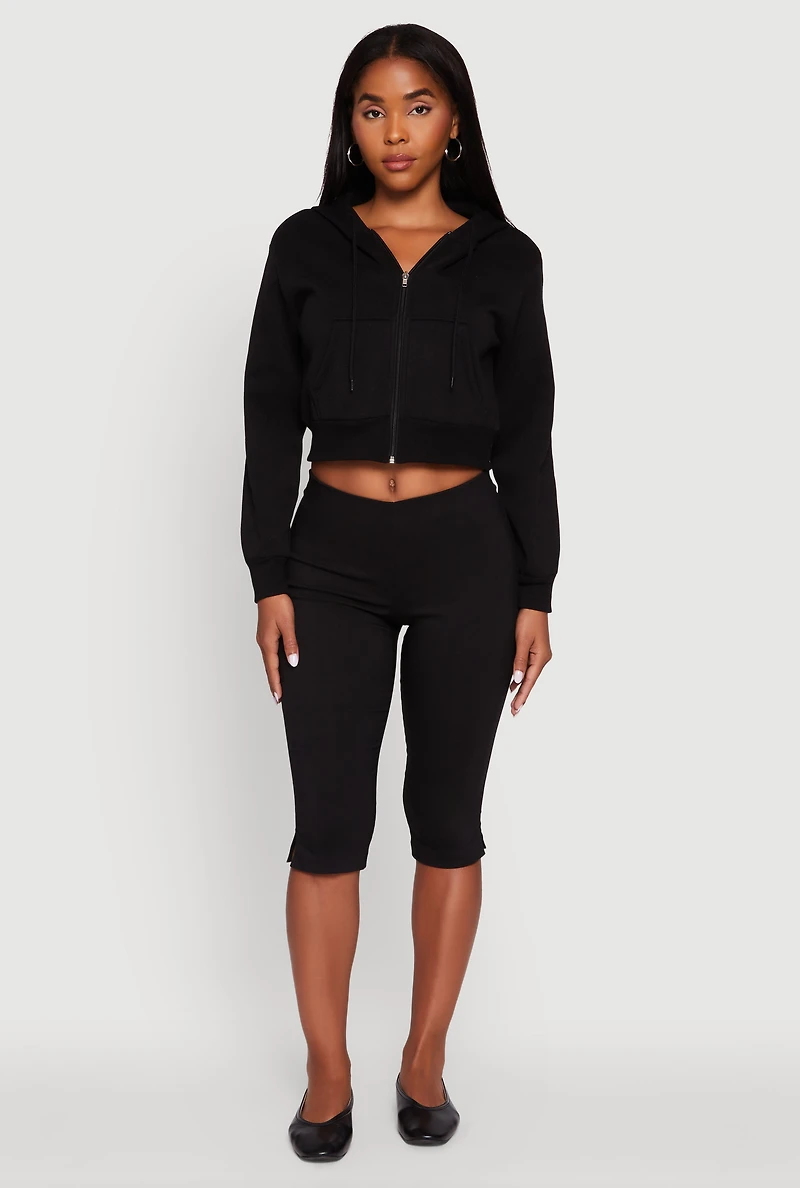 Womens Long Sleeve Fleece Zip Front Hoodie, Black, Size L