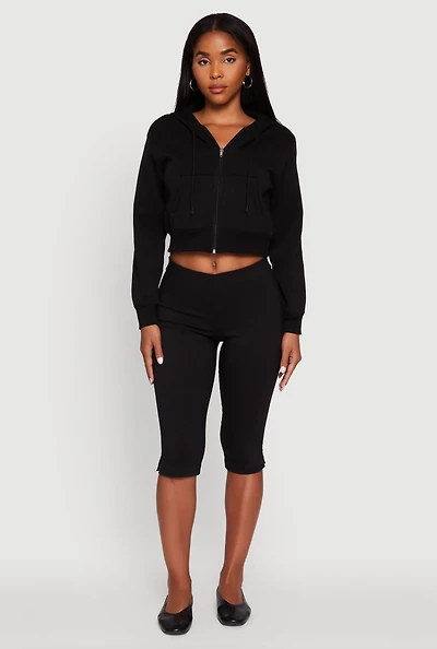 Womens Long Sleeve Fleece Zip Front Hoodie, Black, Size L