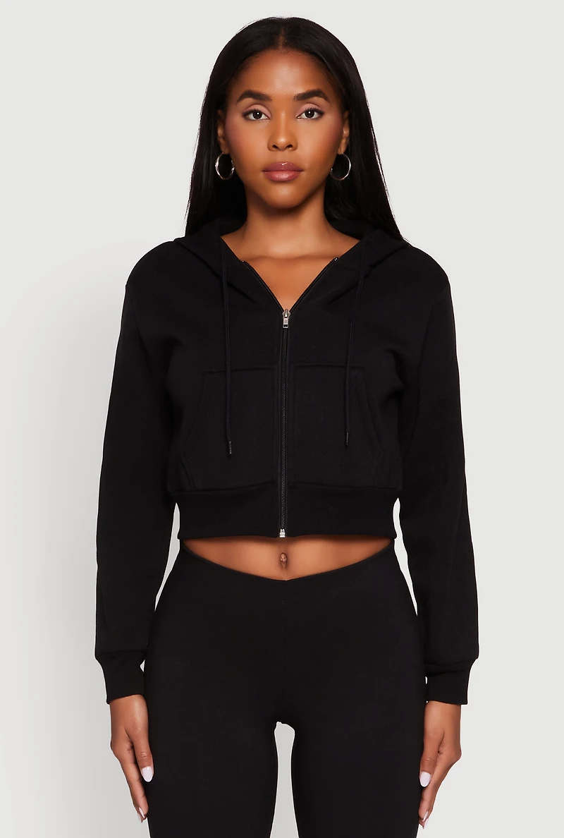 Womens Long Sleeve Fleece Zip Front Hoodie, Black, Size L