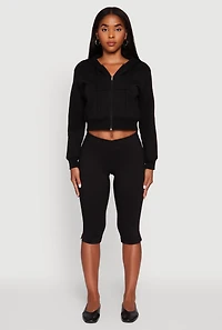 Womens Long Sleeve Fleece Zip Front Hoodie, Black, Size L