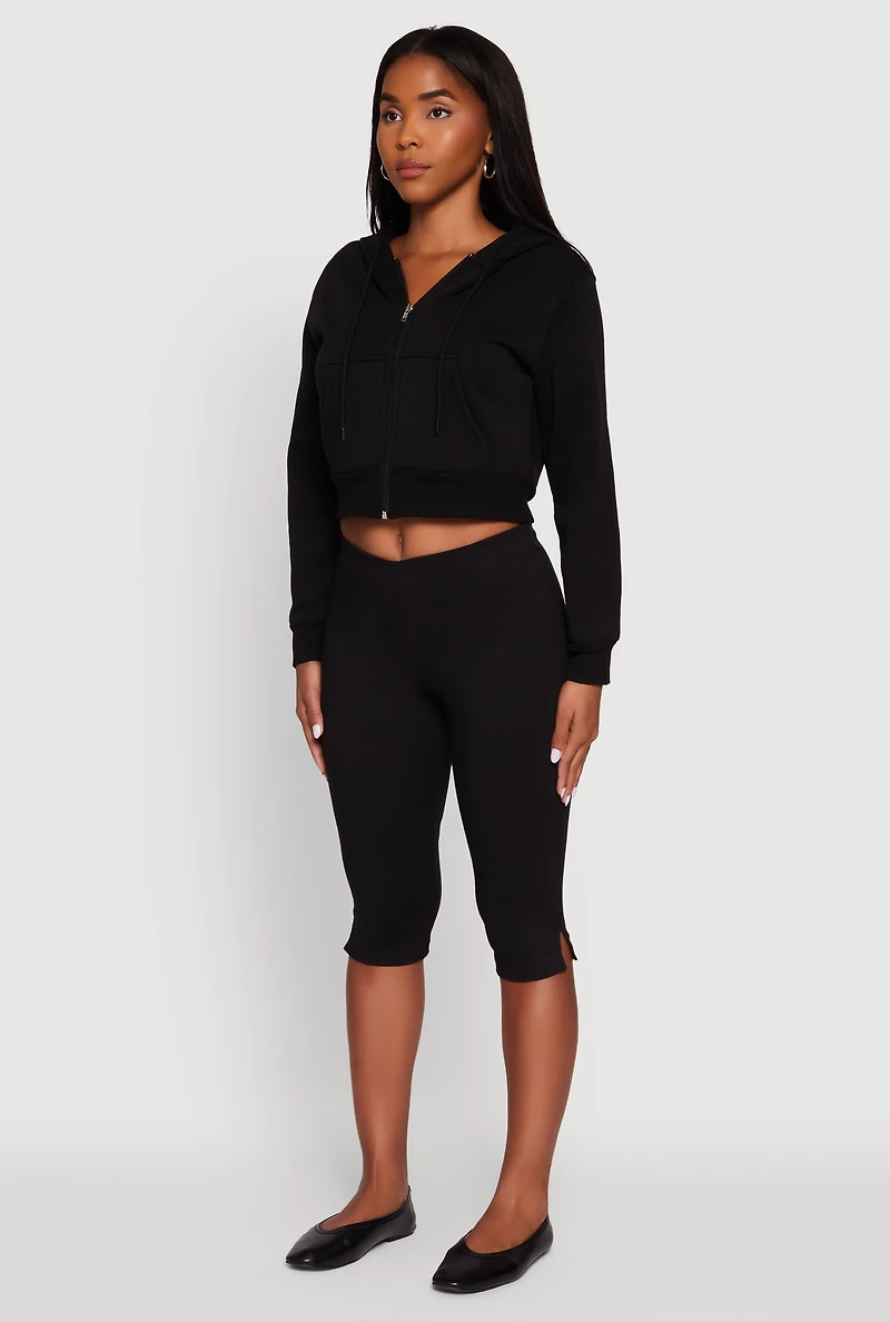 Womens Long Sleeve Fleece Zip Front Hoodie, Black, Size L