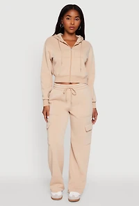 Womens Long Sleeve Fleece Zip Front Hoodie, Beige, Size L