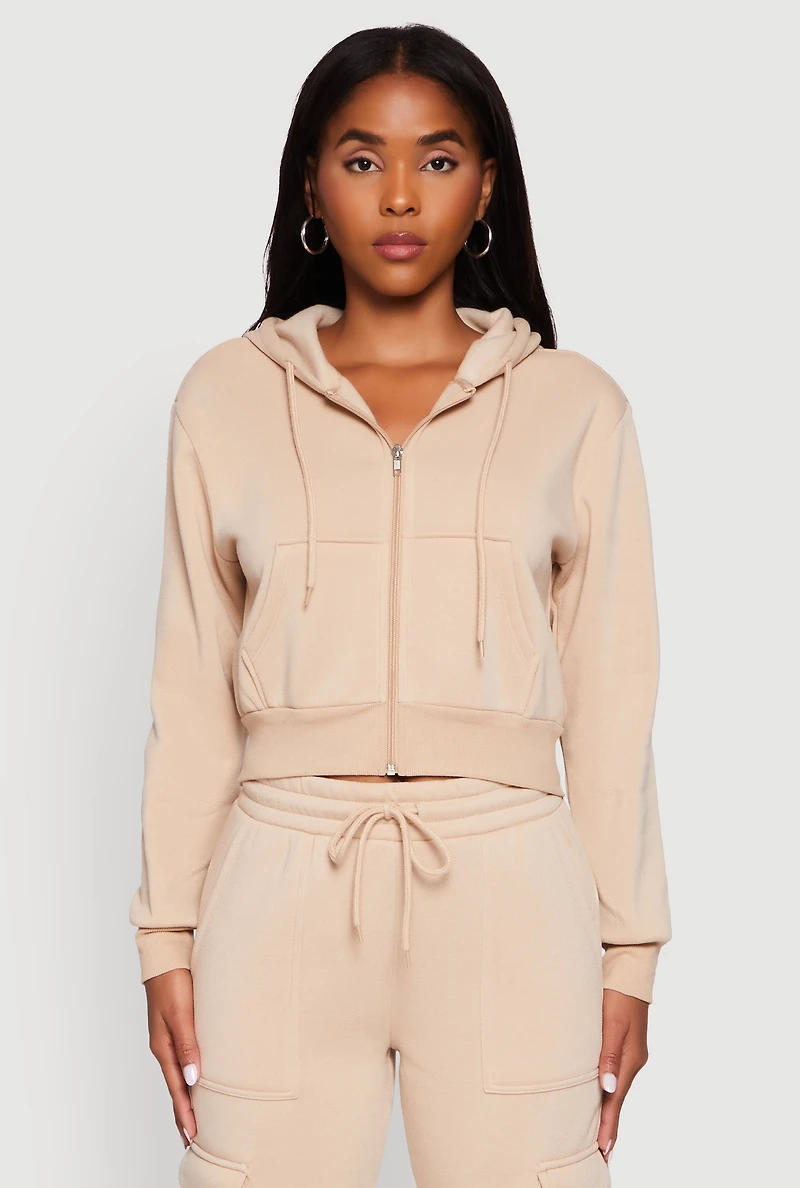 Womens Long Sleeve Fleece Zip Front Hoodie, Beige, Size L
