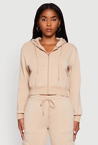 Womens Long Sleeve Fleece Zip Front Hoodie, Beige, Size L