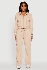 Womens Long Sleeve Fleece Zip Front Hoodie, Beige, Size S