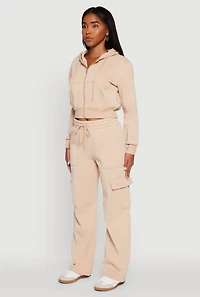 Womens Long Sleeve Fleece Zip Front Hoodie, Beige, Size S