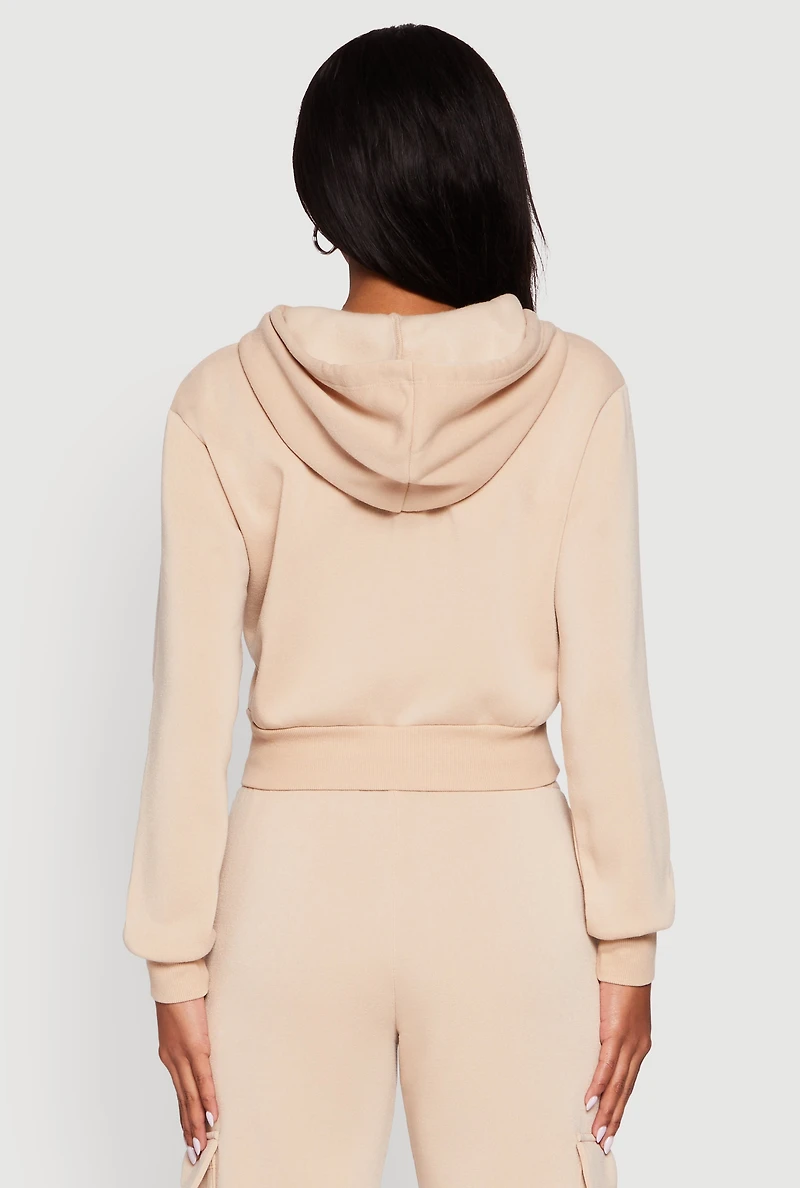 Womens Long Sleeve Fleece Zip Front Hoodie, Beige, Size L
